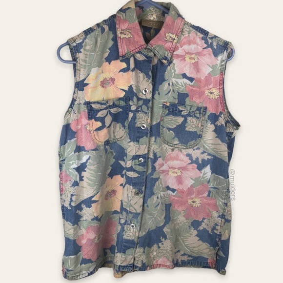 Vintage Lizwear by Liz Claiborne Sleeveless Distressed Floral Button Up Shirt - Picture 1 of 11
